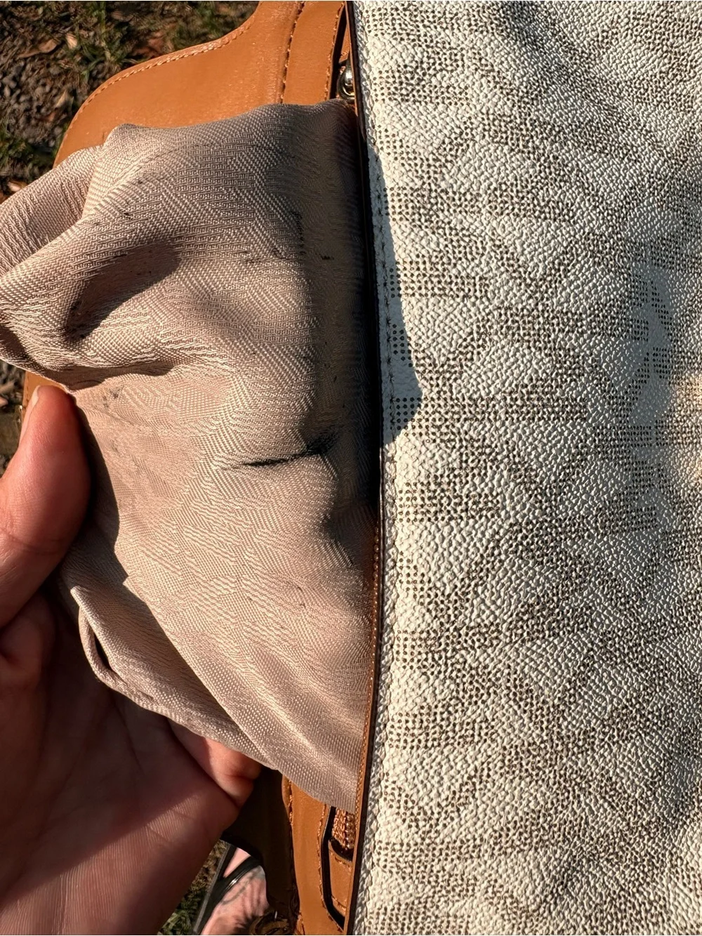 Michael Kors Cream Monogram Crossbody with Brown Trim and Gold Chain
